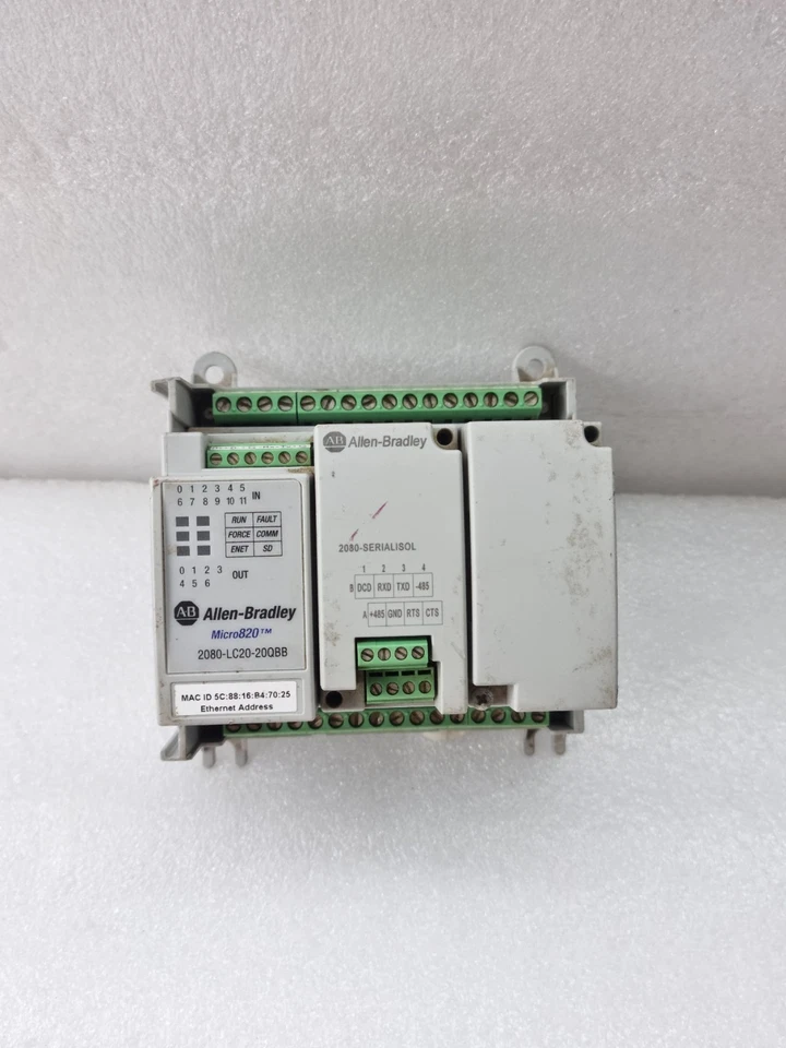 USED WORKING ALLEN BRADLEY 2080-LC20-20QBB MICRO820 WITH 2080-SERIALISOL MODULE